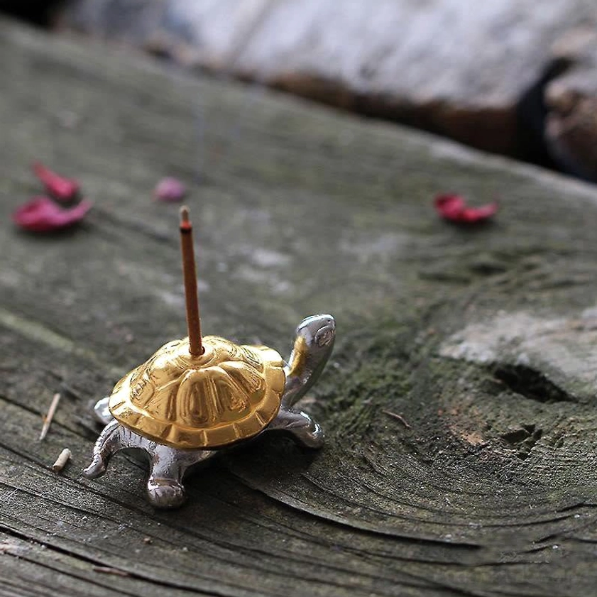 Gold turtle Buddhist incense burner complete product view showing polished gold finish and meditation design