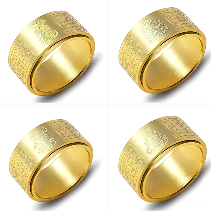 Gold zodiac buddha ring with detailed sutra and symbol engraving