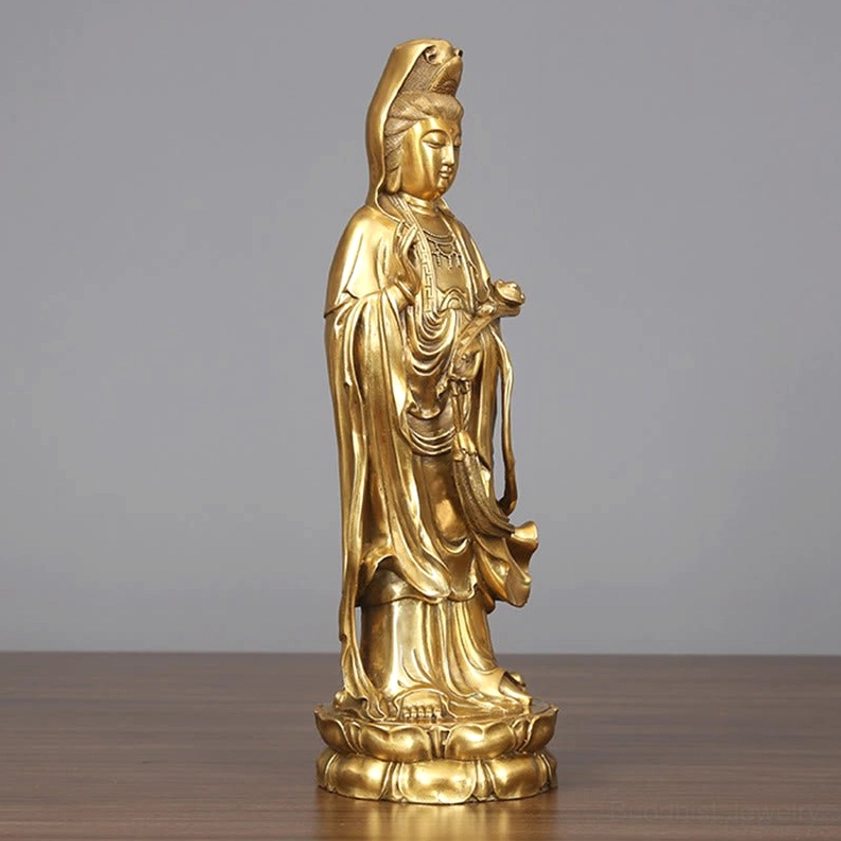 Avalokitesvara Bodhisattva statue right profile view, brass deity with ruyi scepter and draped ceremonial robes on lotus pedestal