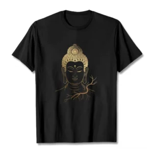 Golden Buddha head chest print on black premium cotton t-shirt - flat lay front view