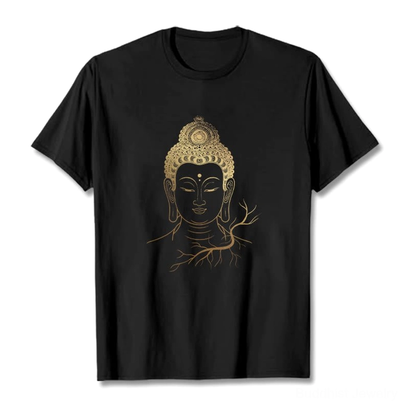 Golden Buddha head chest print on black premium cotton t-shirt - flat lay front view