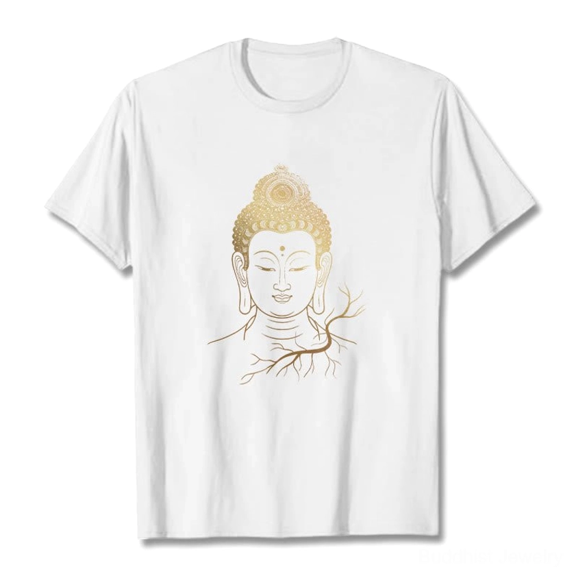 White golden Buddha head graphic t-shirt - flat lay front view premium cotton