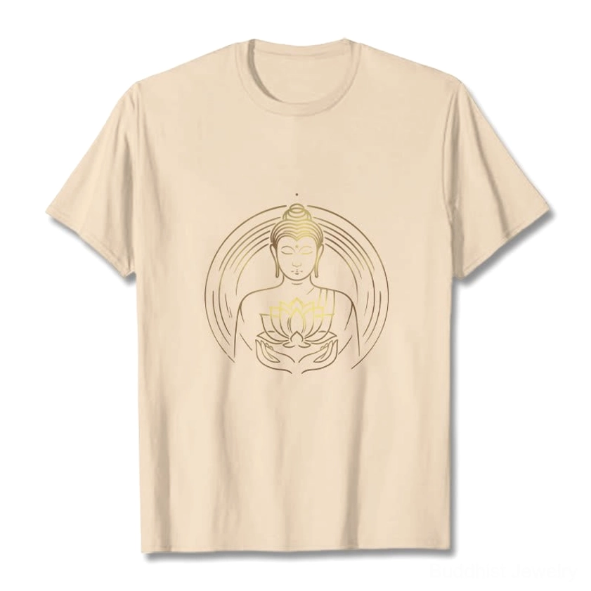 Golden Buddha lotus flower beige light tan cotton t-shirt flat lay front view white background