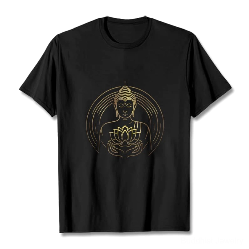 Golden Buddha lotus flower black cotton t-shirt flat lay front view premium print quality