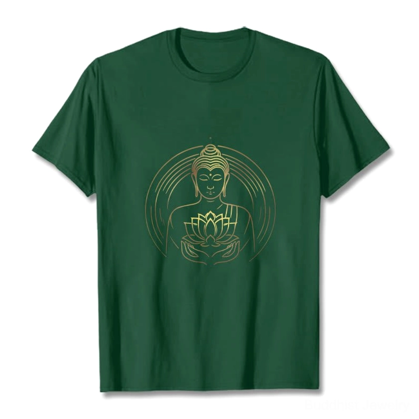 Buddhist lotus t-shirt stack display showing multiple color options gold print variations