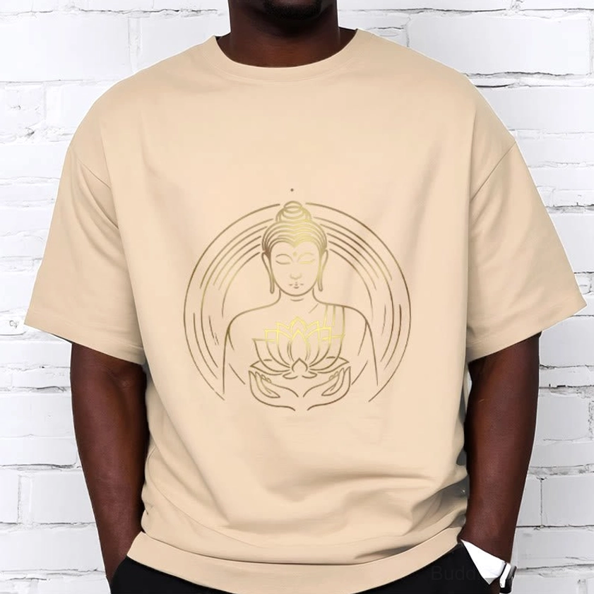 Golden Buddha lotus flower graphic t-shirt detail close up print texture white ink design