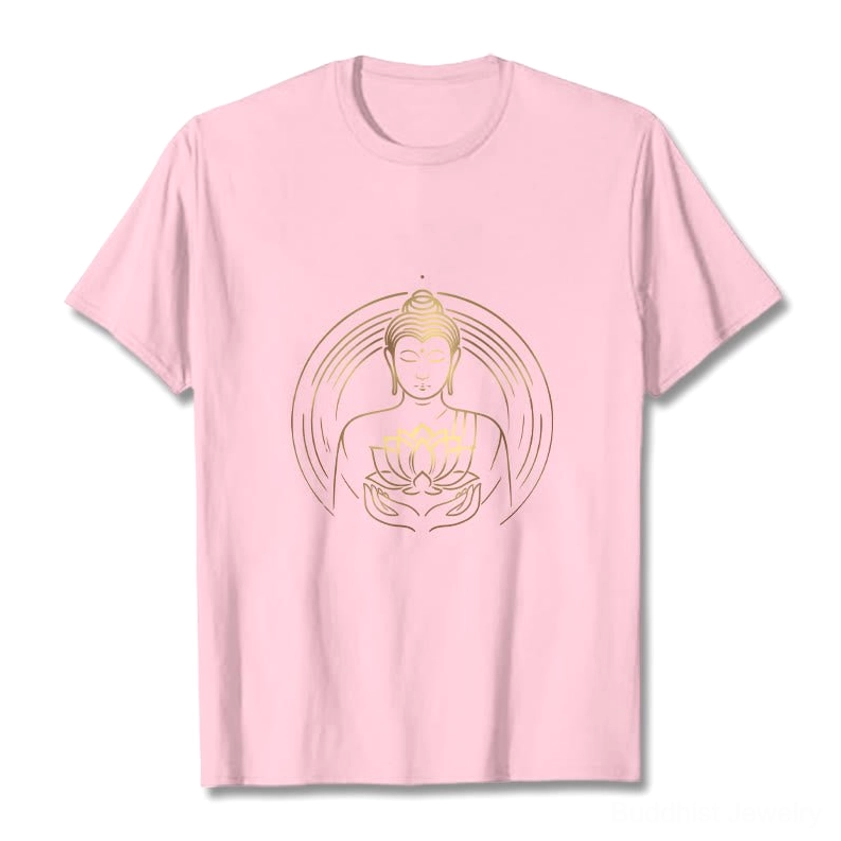 Unisex golden Buddha lotus graphic tee front and back design full view spiritual wear