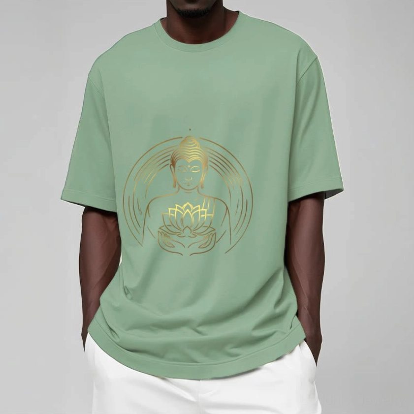 Golden Buddha lotus t-shirt lifestyle shot relaxed unisex fit versatile styling options