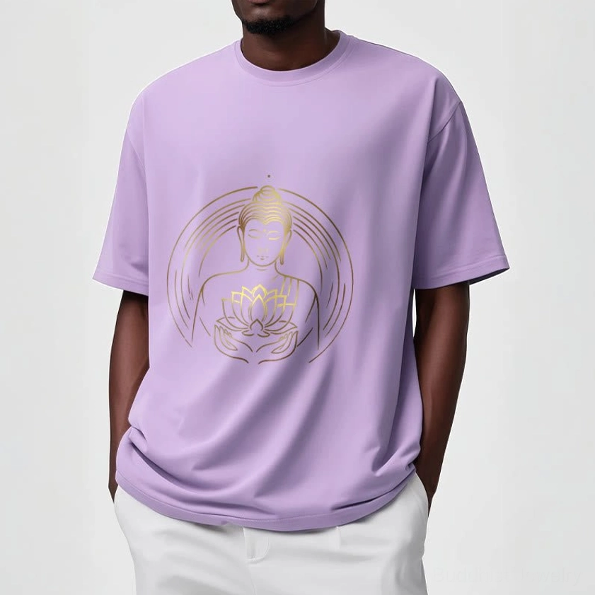 Golden Buddha lotus graphic tee light cyan color option spiritual fashion conscious wear