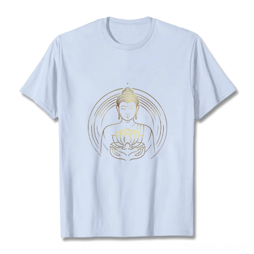 Golden Buddha lotus flower t-shirt light cyan cotton unisex relaxed fit summer wear