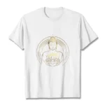 Golden Buddha lotus flower white cotton t-shirt flat lay front view with smooth fabric texture