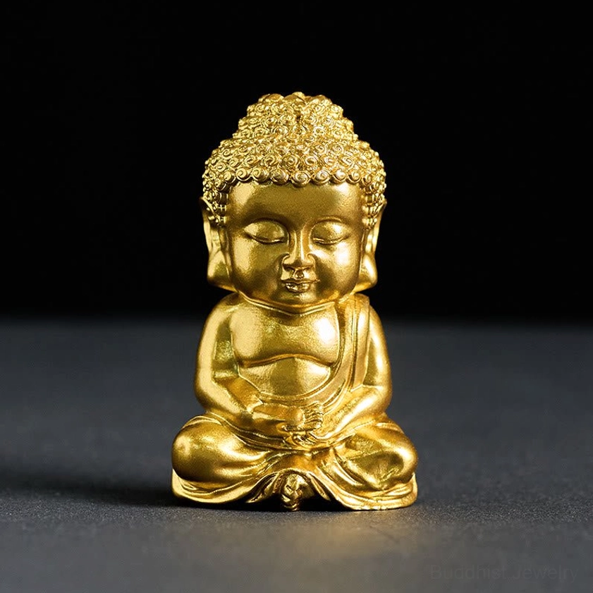 Golden baby Buddha figurine fridge magnet front facing view with matte gold finish and serene expression