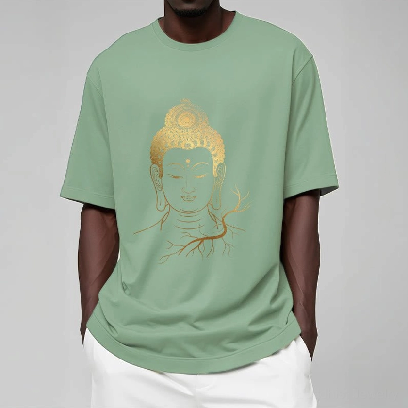 Premium golden Buddha head t-shirt - back view flat lay display
