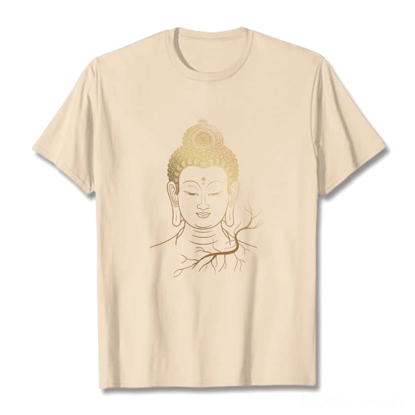 Beige golden Buddha head spiritual t-shirt - flat lay front view cotton fabric
