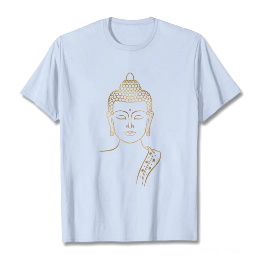Light cyan golden Buddha meditation t-shirt unisex - soft premium cotton with crew neck short sleeve and gold Buddhist graphic