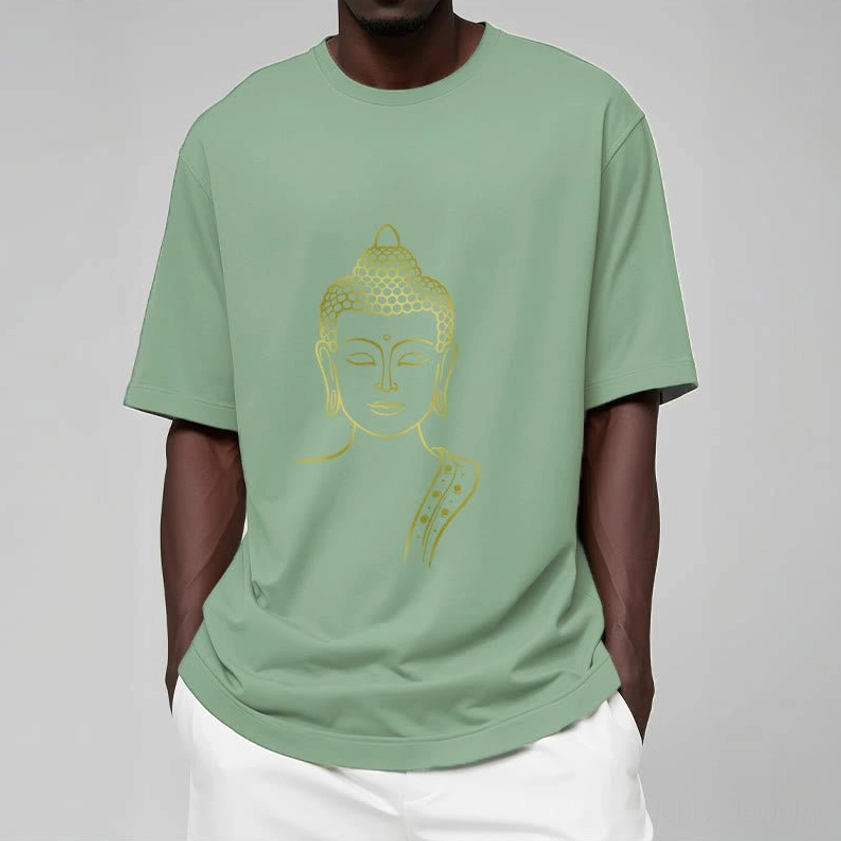 Eco-friendly golden Buddha t-shirt natural cotton - handmade spiritual wear with authentic Buddhist enlightenment symbolism