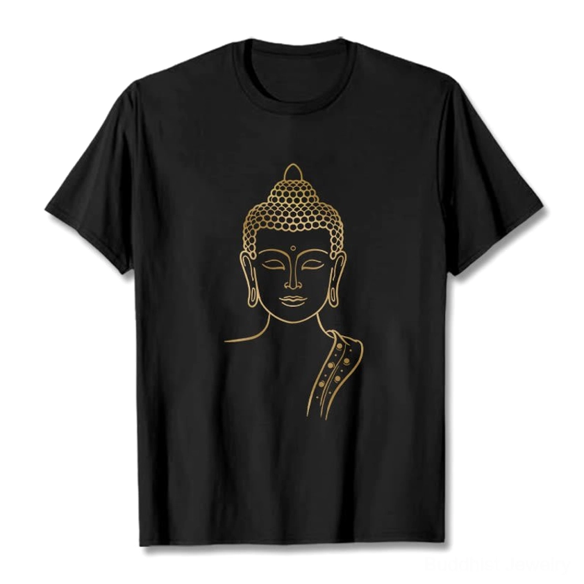Golden Buddha meditation print t-shirt flat lay - black cotton fabric with gold line Buddha graphic and short sleeve crew neck