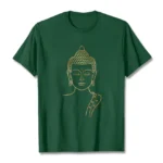 Golden Buddha meditation print t-shirt flat lay front view - dark green cotton crewneck with gold Buddhist graphic