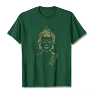 Golden Buddha meditation print t-shirt flat lay front view - dark green cotton crewneck with gold Buddhist graphic