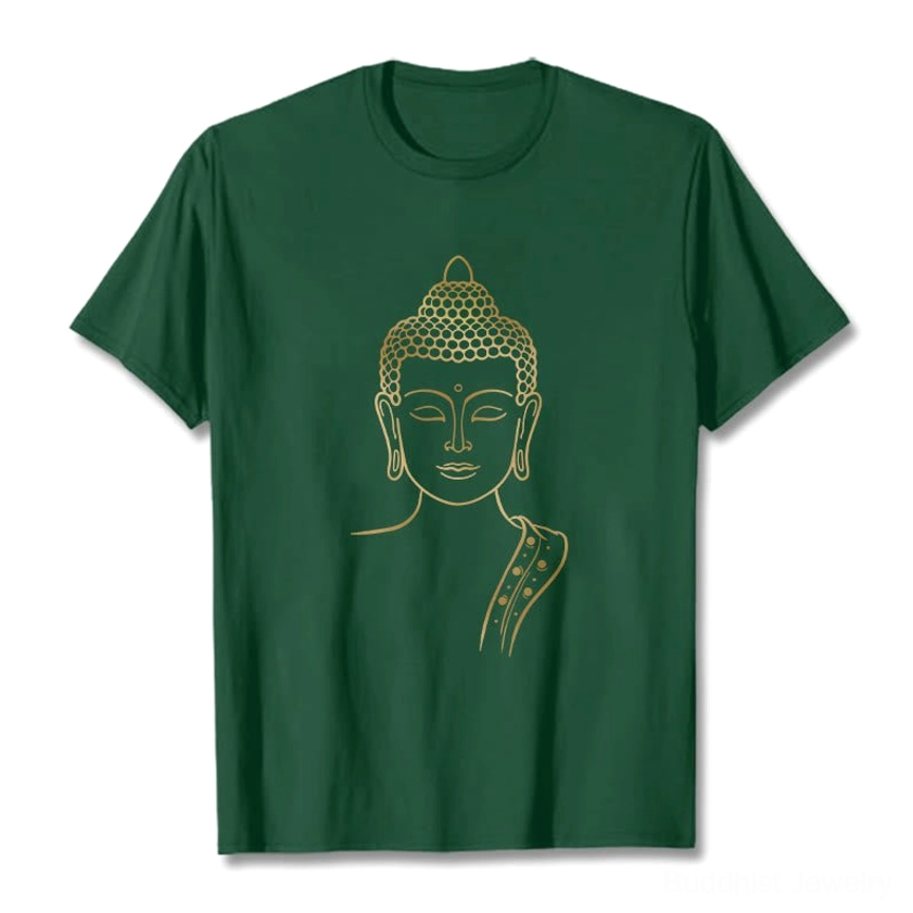 Golden Buddha meditation print t-shirt flat lay front view - dark green cotton crewneck with gold Buddhist graphic
