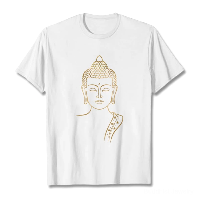 Golden Buddha meditation graphic t-shirt flat lay - pure white cotton crewneck with detailed gold Buddha print
