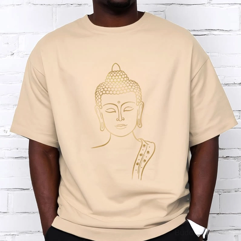 Light grey golden Buddha meditation t-shirt - unisex fit with white ink film printing and gold Buddhist consciousness print