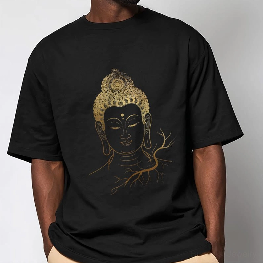 Male model wearing golden Buddha head meditation t-shirt - relaxed fit casual styling