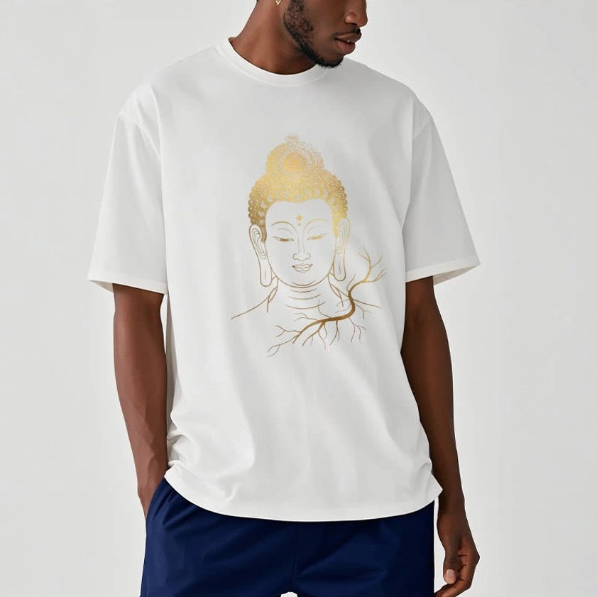 Male model wearing white golden Buddha head meditation t-shirt - relaxed crew neck fit