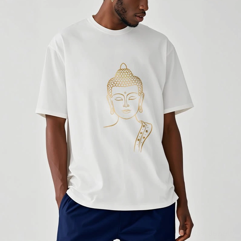 Male model wearing white golden Buddha t-shirt - relaxed fit casual style with navy shorts and standard crew neck