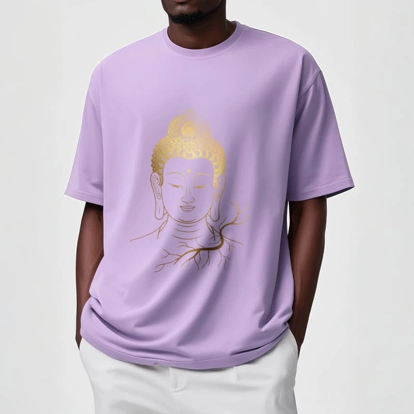 Golden Buddha head t-shirt color options - light grey light cyan available
