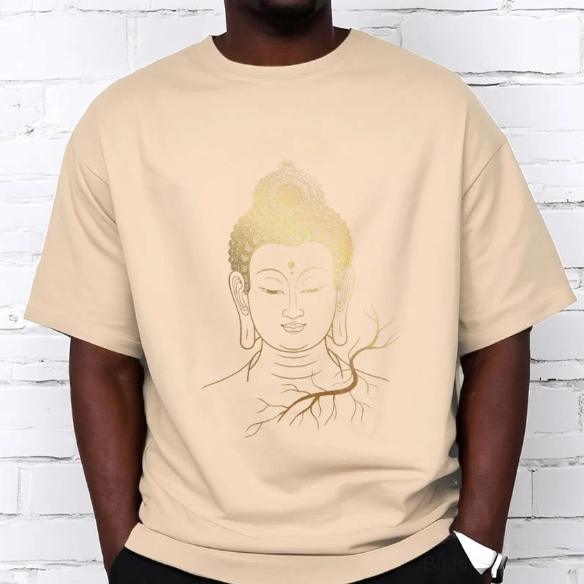 Golden Buddha head t-shirt detail shot - close-up of white ink chest print design