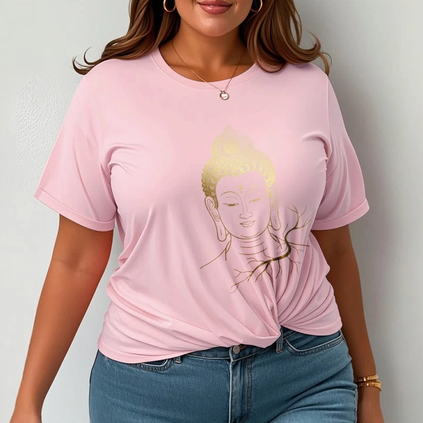 Golden Buddha head meditation t-shirt fabric texture and print quality detail