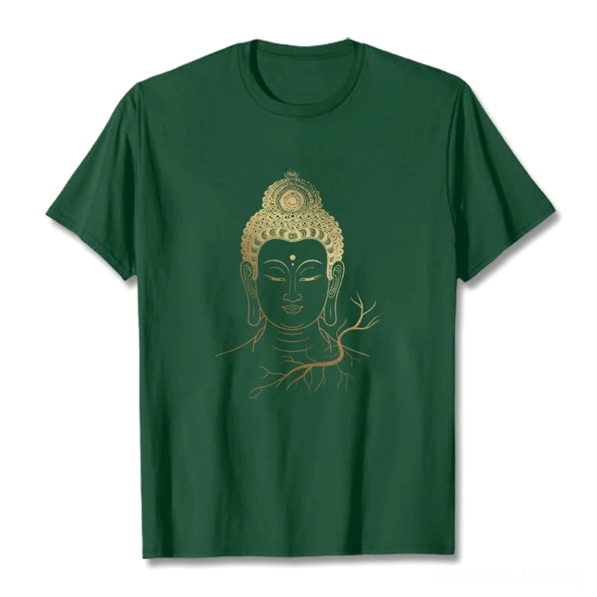 Light cyan golden Buddha head meditation t-shirt - flat lay display premium cotton