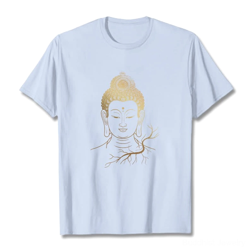 Light cyan golden Buddha head meditation t-shirt - male model casual front view