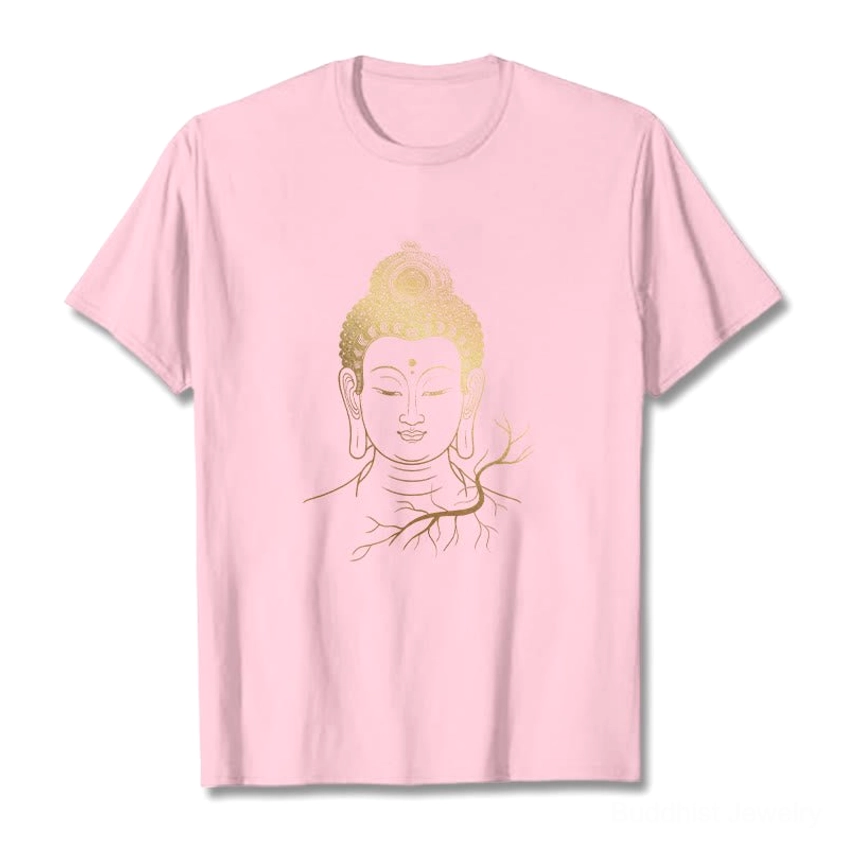Male model full body view wearing golden Buddha head spiritual t-shirt outdoors