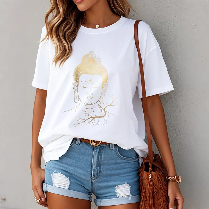 Female model styling white golden Buddha head t-shirt - casual indoor setting