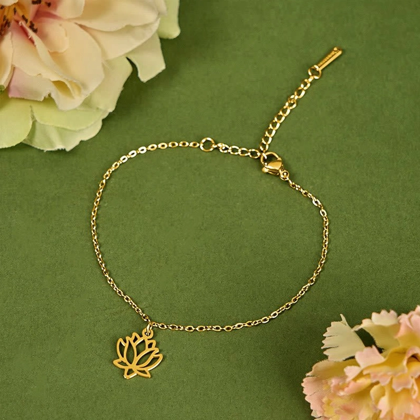 Buddhist lotus bracelet in golden titanium steel with hollow lotus pendant charm