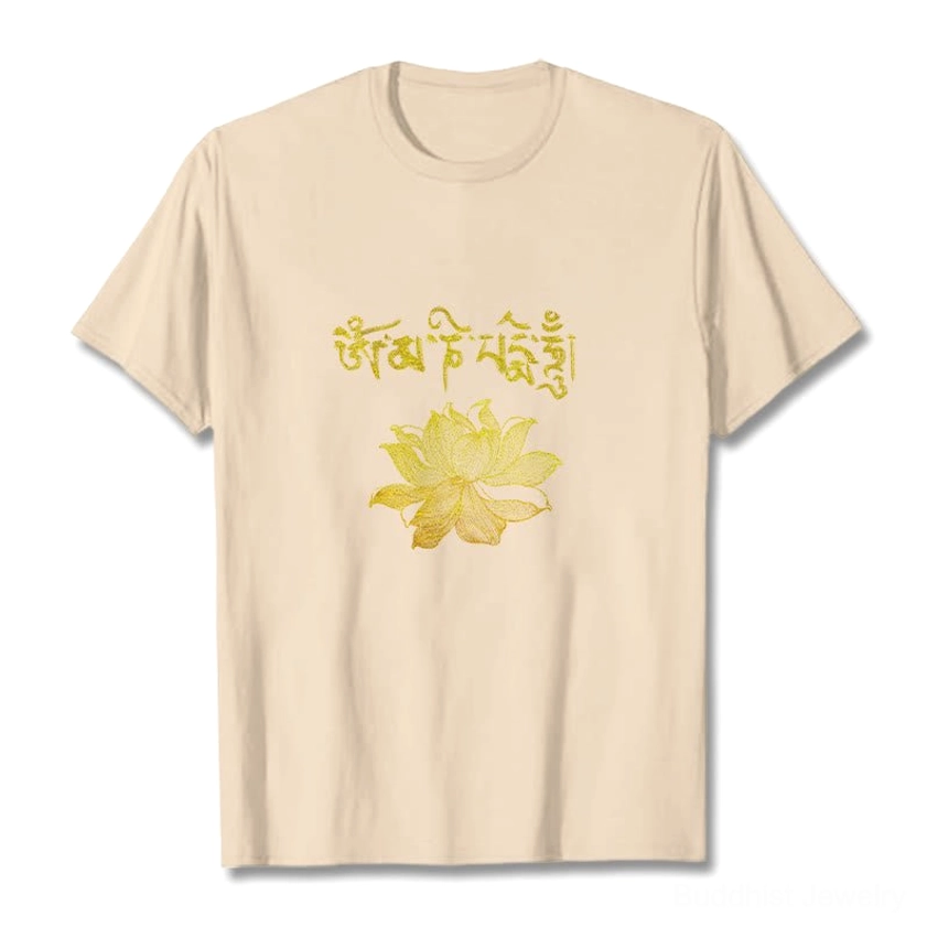 Bisque Buddhist spiritual t-shirt with golden Sanskrit mantra and lotus flower - earth tone spiritual apparel flat lay