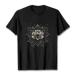 Golden lotus mandala Buddhist t-shirt front flat lay view, white ink print on premium cotton fabric