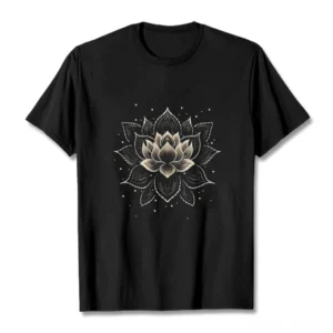 Golden lotus mandala Buddhist t-shirt front flat lay view, white ink print on premium cotton fabric