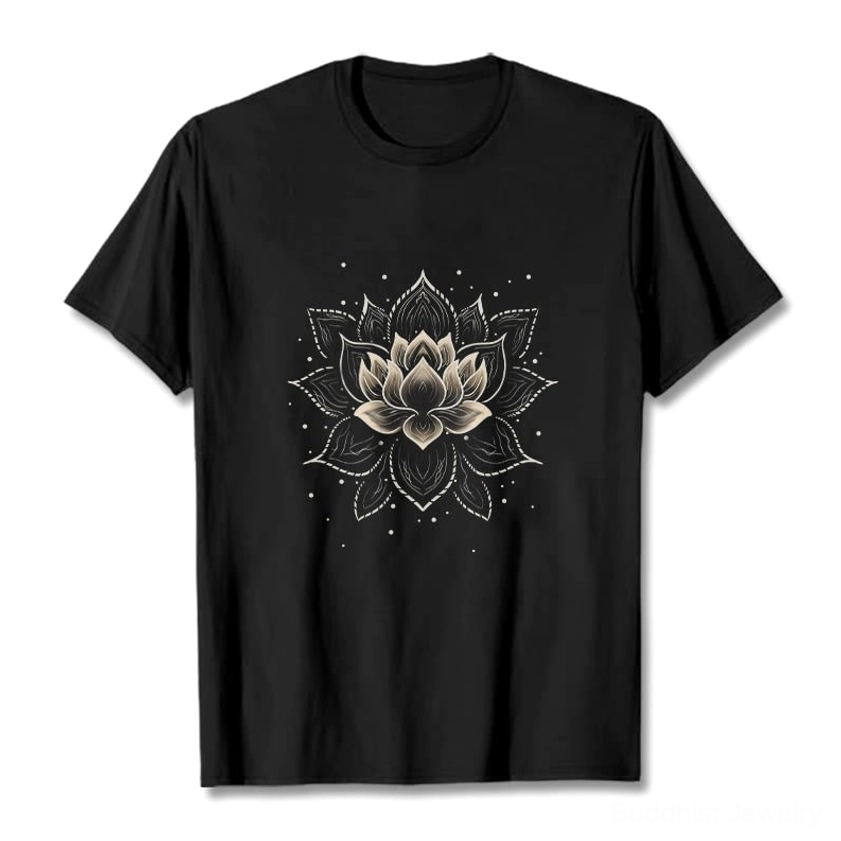 Golden lotus mandala Buddhist t-shirt front flat lay view, white ink print on premium cotton fabric