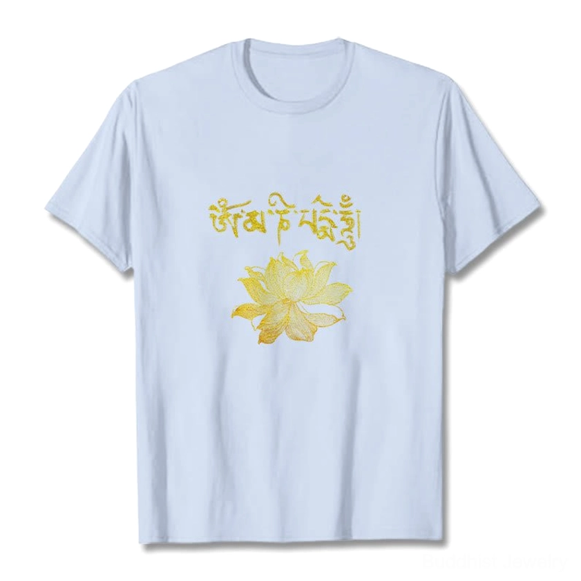 Golden Sanskrit mantra and lotus flower spiritual design on Buddhist graphic t-shirt - meaningful Buddhist symbolism