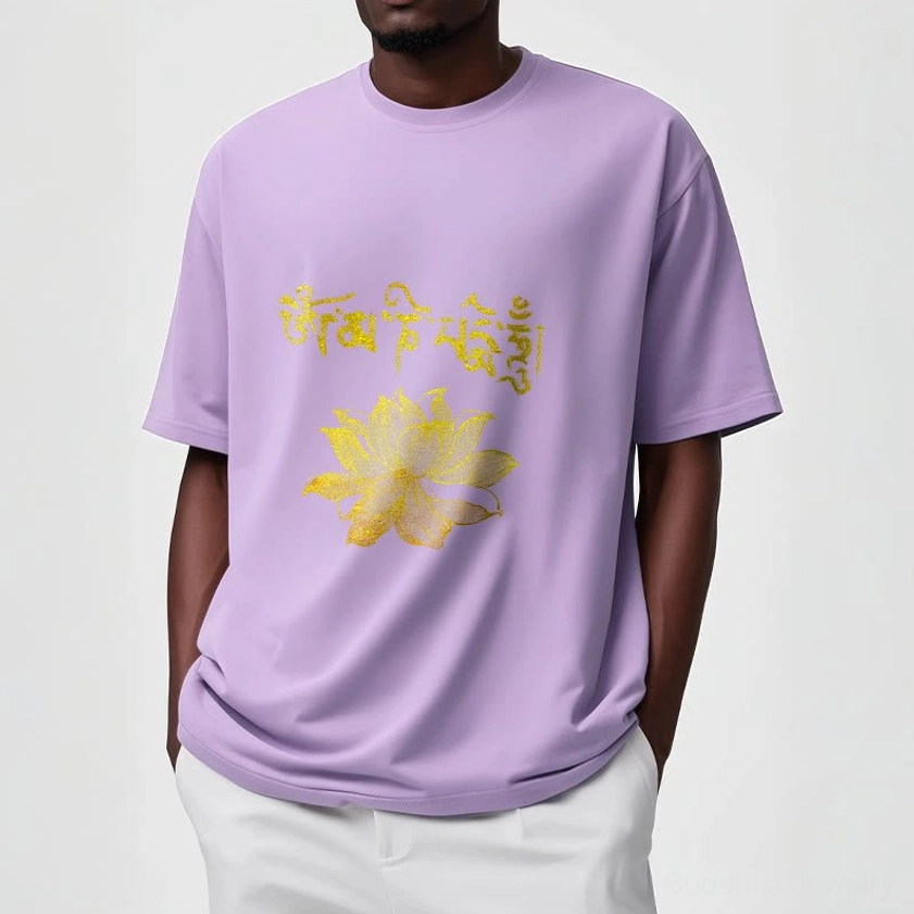 Model wearing bisque color spiritual Buddhist t-shirt with golden Sanskrit and lotus - neutral spiritual fashion choice