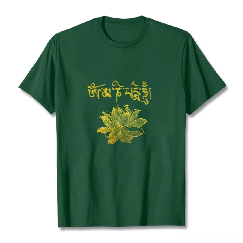 Dark green Buddhist graphic t-shirt with golden Sanskrit and lotus flower front print flat lay view
