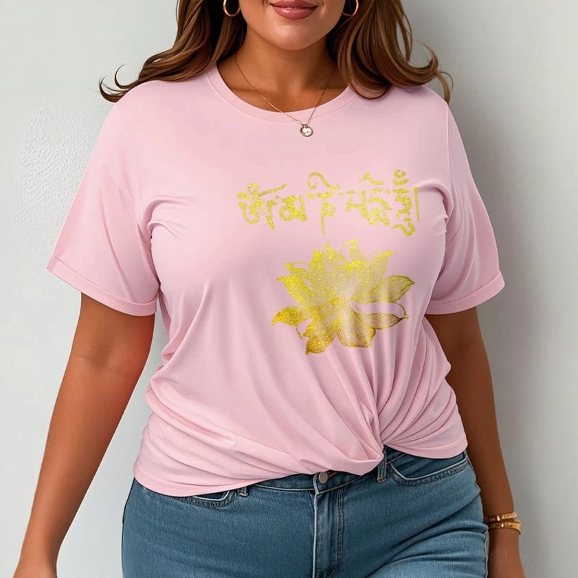 Light grey Buddhist spiritual t-shirt with golden Sanskrit and lotus flower design flat lay on white background