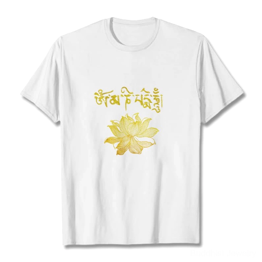 White Buddhist spiritual t-shirt with golden Sanskrit lotus flower design flat lay on white background