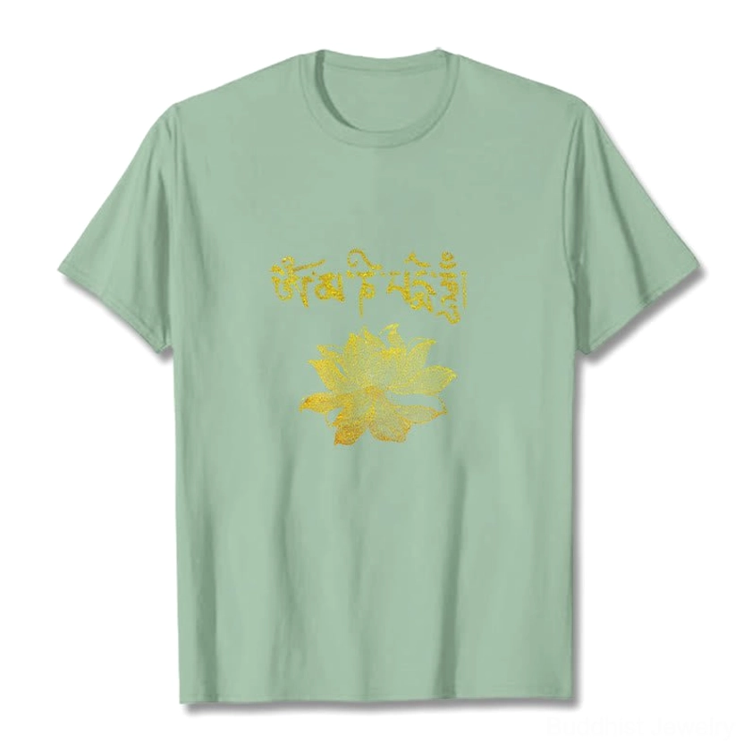 Bisque color Buddhist graphic t-shirt with golden Sanskrit mantra and lotus flower print - neutral tone spiritual apparel