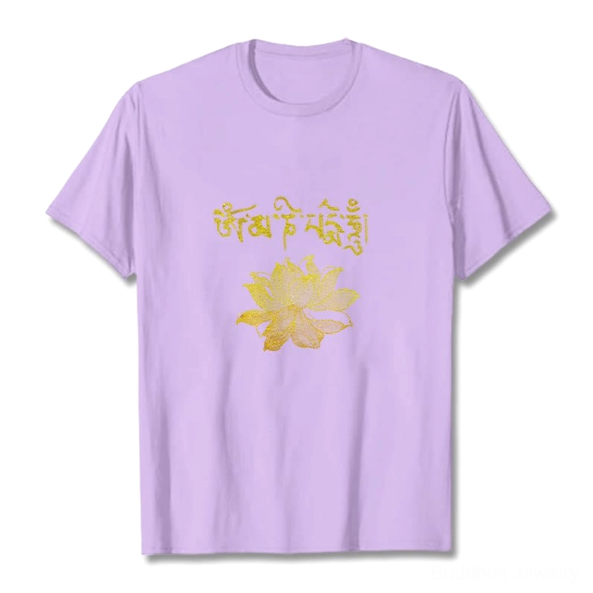 Bisque Buddhist graphic t-shirt front view showing golden Sanskrit lotus flower spiritual design detail