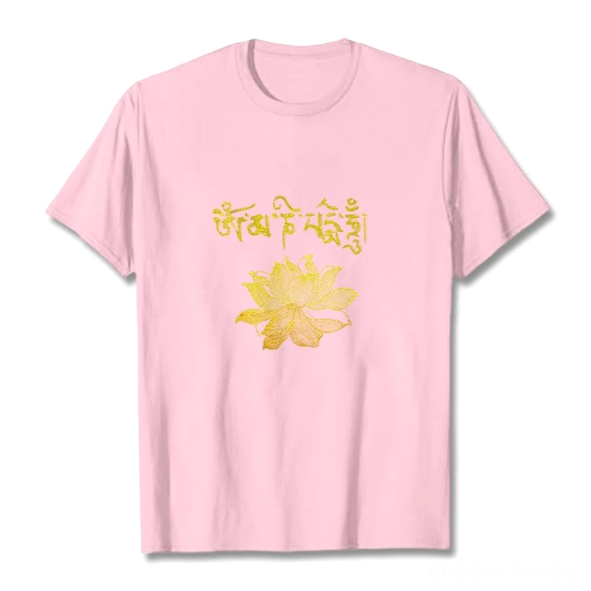 Model wearing light grey Buddhist graphic t-shirt with golden Sanskrit lotus print - neutral color spiritual fashion