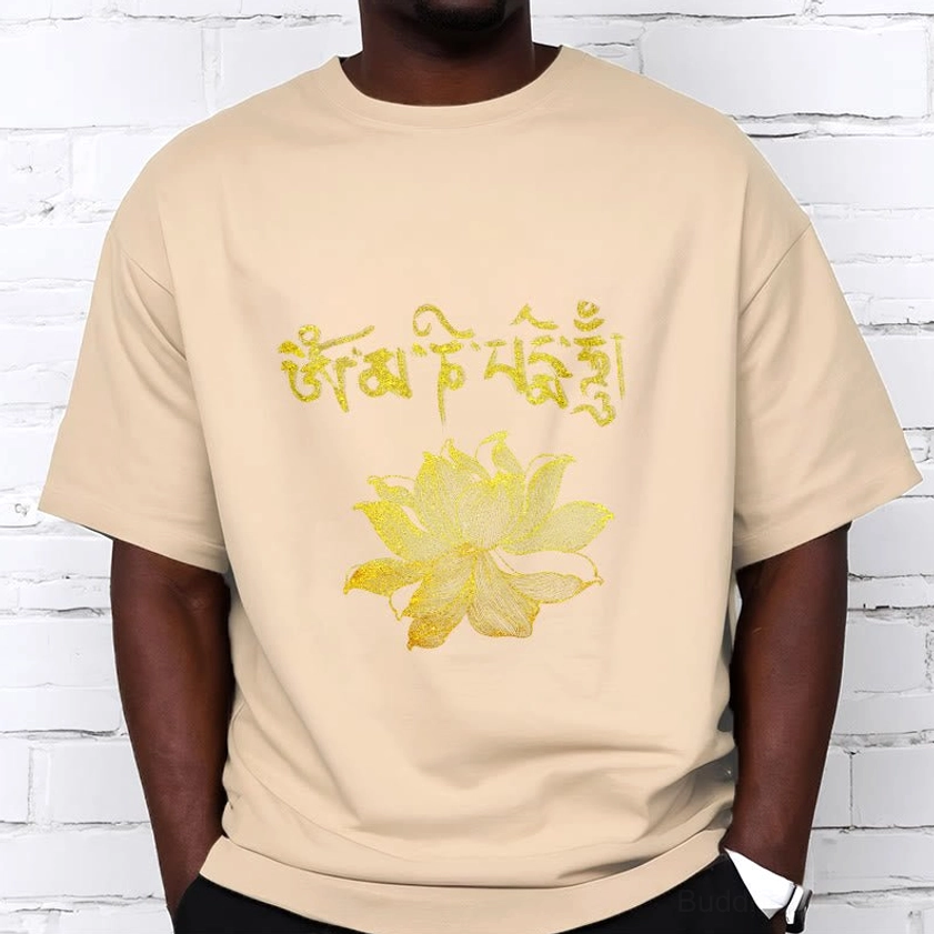 Multiple color options of Buddhist graphic t-shirt with golden Sanskrit lotus design - black white green grey color comparison
